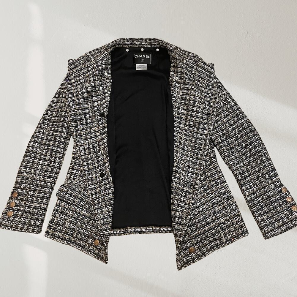 Chanel 05 Black White Plaid Tweed Sequin Jacket FR 40 | Gold Buttons Blazer Rare - Picture 6 of 16